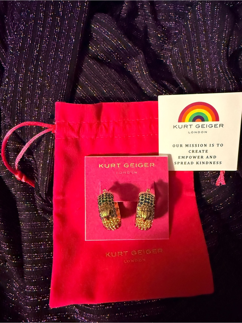 Kurt Geiger Gold Multicolor Crystal Earrings Hot Pink Dust Bag & Pride Statement